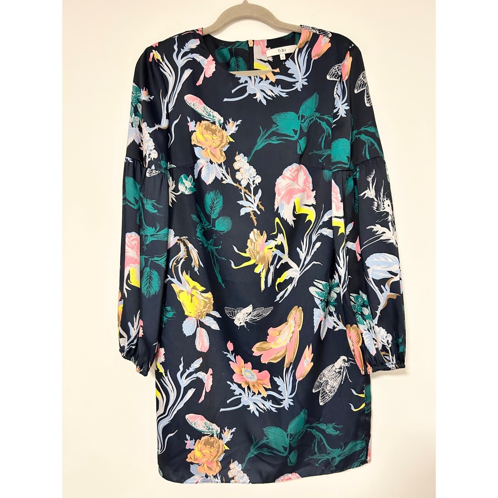 Tibi‎ Edwardian Navy Blue Floral Insect Print Puff Sleeve Satin Shift Dress 6